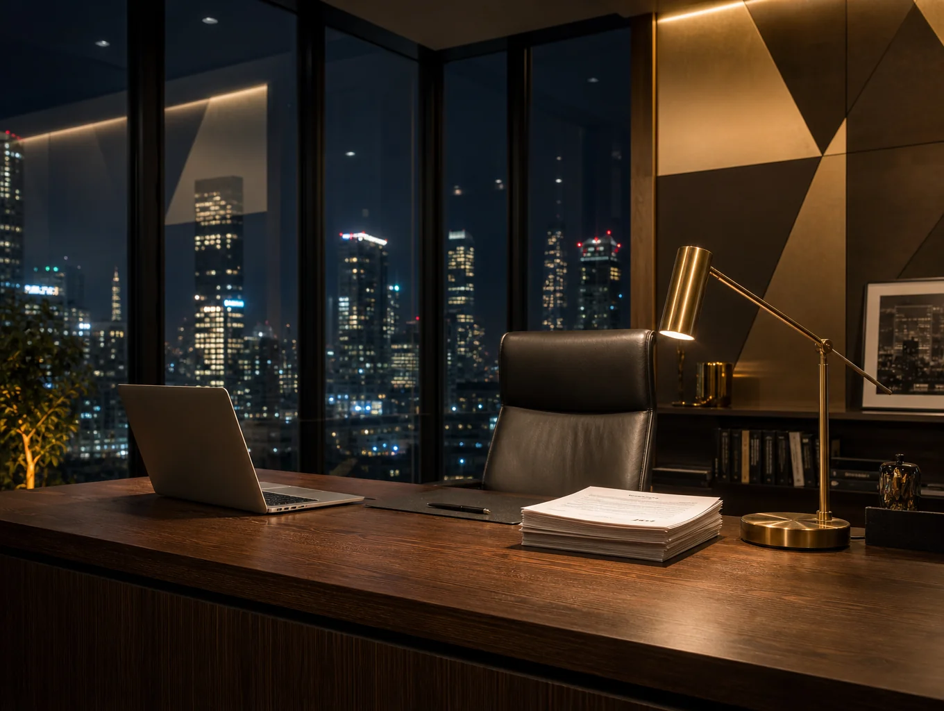 High-contrast monochrome executive workspace with minimalist desk and sharp lighting