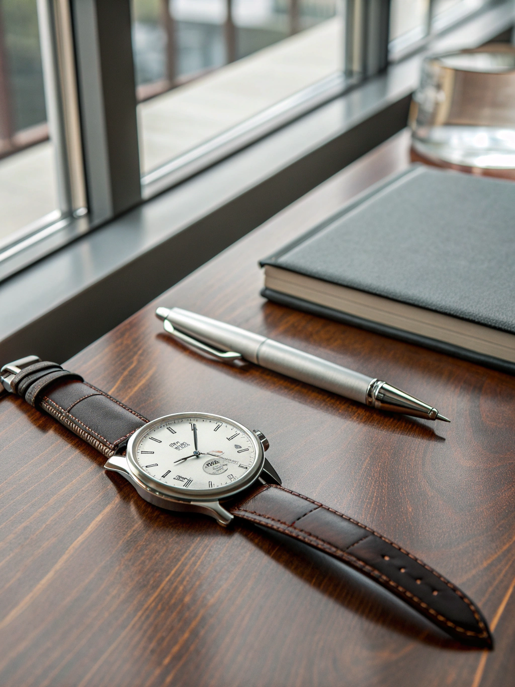 Close-up of a minimalist executive desk and watch