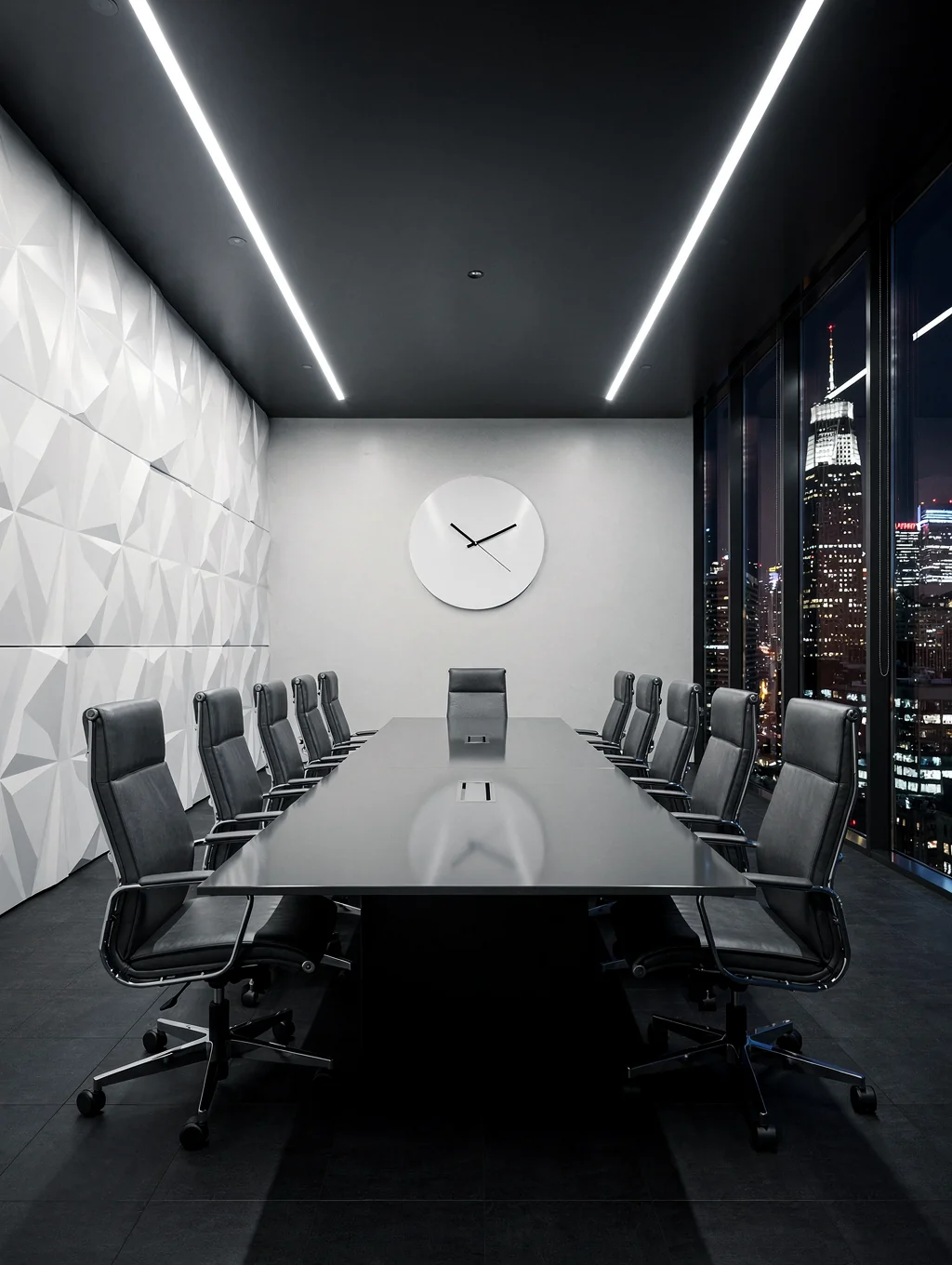 Sleek dark boardroom interior with white accents
